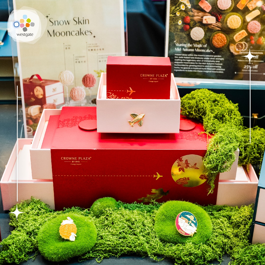 A close-up view of beautifully packaged, artisan mooncakes.