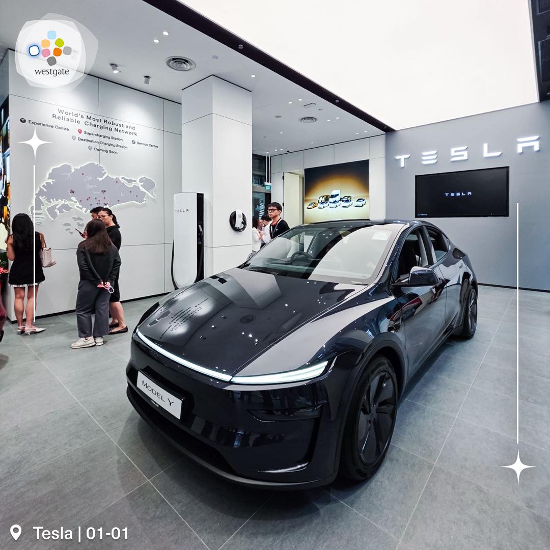 Interior shot of the Tesla store showcasing vehicles.