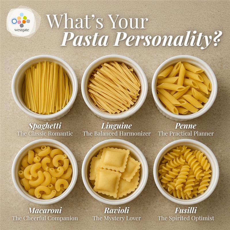 A vibrant assortment of pasta shapes including spaghetti, ravioli, and fusilli.